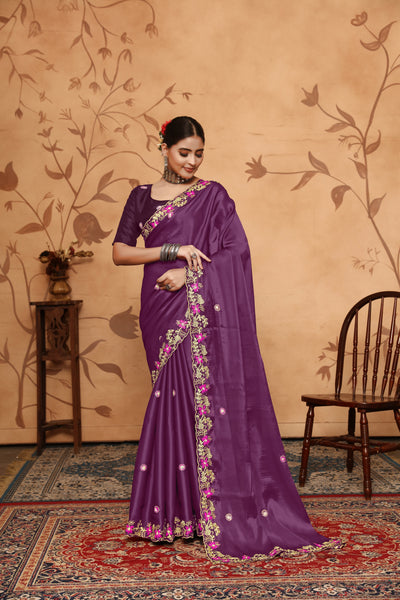 Indyancart GR Women's Armani Wine Jimmi Choo Embroidered Saree