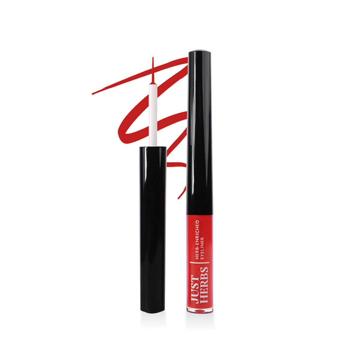 Just Herbs waterproof and smudge-proof cherry red eyeliner pencil with a sleek black and red packaging.