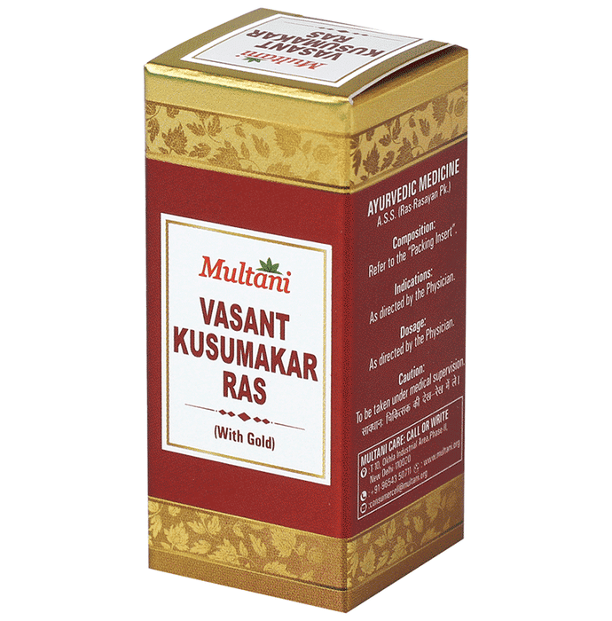 Multani Vasant Kusumkar Ras Ayurvedic tablets with gold, traditional herbal supplement, shown in a clear plastic container.
