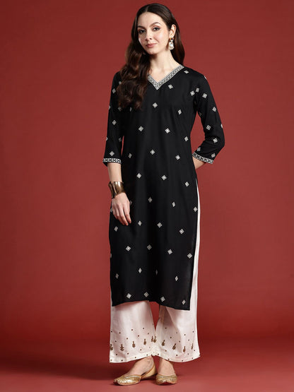 Indyancart IE Women Geometric Embroidered Sequinned Pure Cotton Kurta