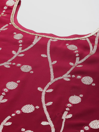 Indyancart IE Floral Embroidered Sequinned Georgette Straight Kurta with Sharara & With Dupatta