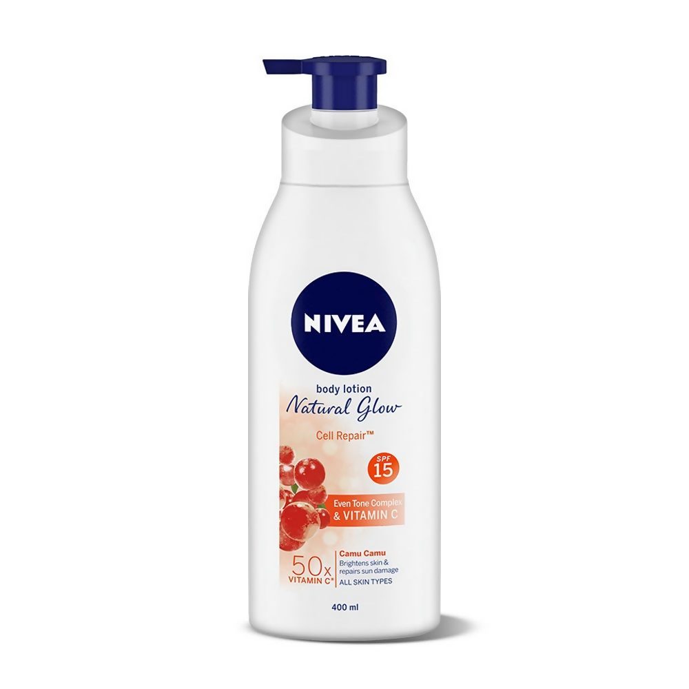 Nivea body lotion with sunscreen and 50X Vitamin C, moisturizing and brightening skin, features a pump bottle and label.