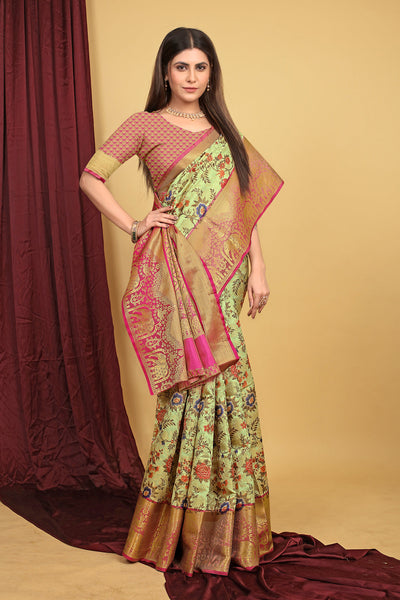 Indyancart GR Women's Pista Green Kalamkari Silk Saree
