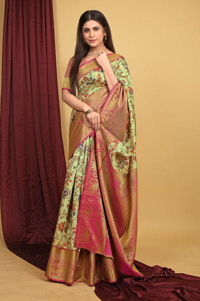 Indyancart GR Women's Pista Green Kalamkari Silk Saree