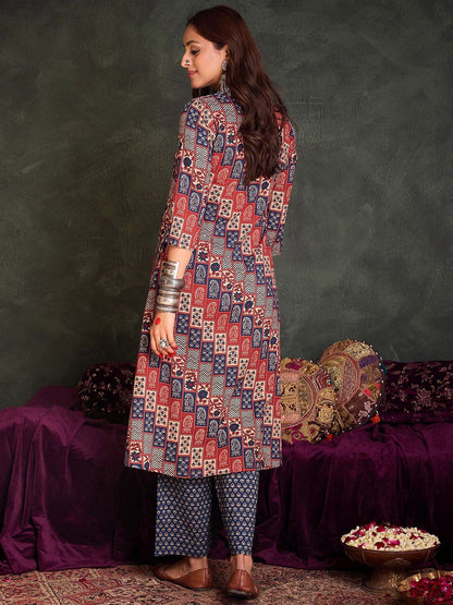 Indyancart IE Printed Square Neck Pure Cotton Tunic With Trouser