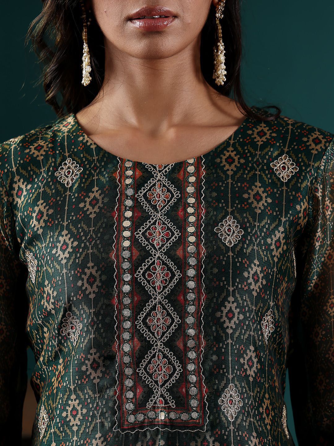 Indyancart VA Women's Ethnic Motifs Embroidered Regular Chanderi Silk Kurta with Trousers & With Dupatta