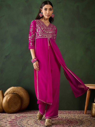 Indyancart SN Women's Alina Cut Floral Yoke Design High Slit Zari Fusion Kurta With Trousers