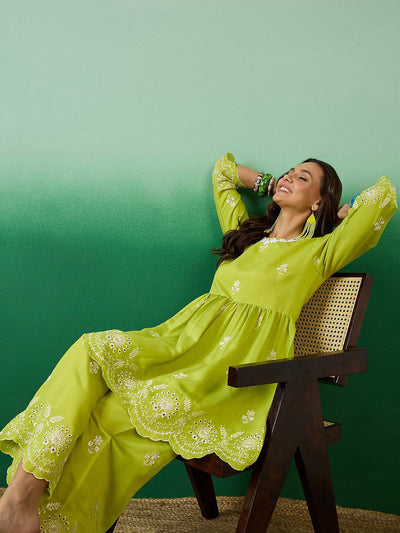 Indyancart SN Women's Floral Embroidered V-Neck Kurti With Palazzo