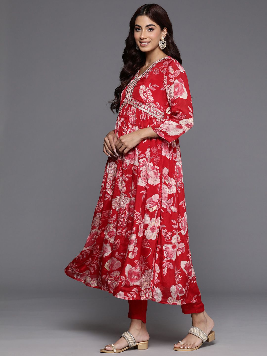 Indyancart VA Women's Floral Printed Sequinned Pure Silk Kurta with Trousers & With Dupatta