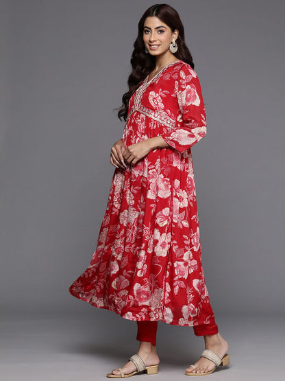 Indyancart VA Women's Floral Printed Sequinned Pure Silk Kurta with Trousers & With Dupatta