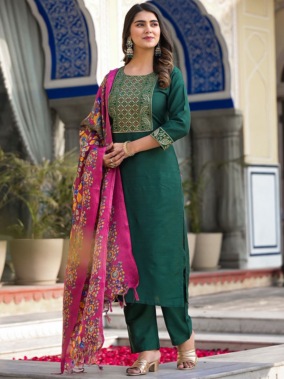 Indyancart VA Women's Floral Yoke Design Regular Gotta Patti Pure Cotton Kurta with Trousers & With Dupatta