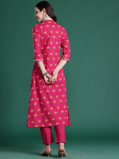 Dhiyona IE Ethnic Motifs Printed Panelled Thread Work Pure Cotton Kurta with Trousers