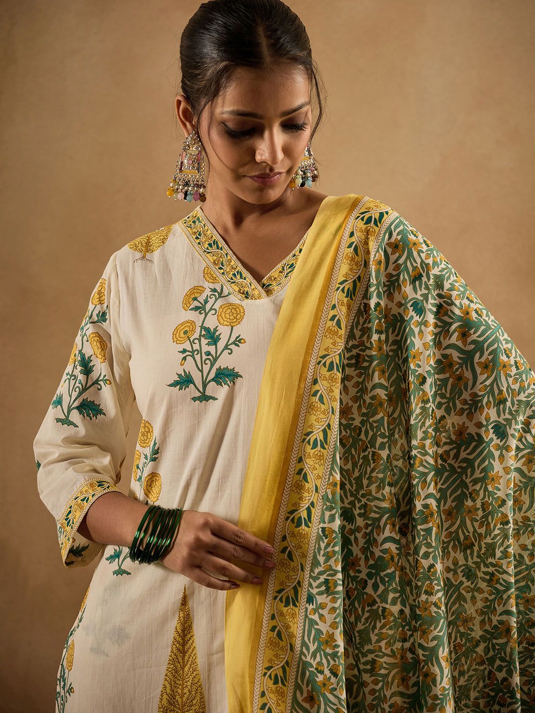 Floral Printed V-Neck Pure Cotton Straight Kurta With Trousers & Dupatta