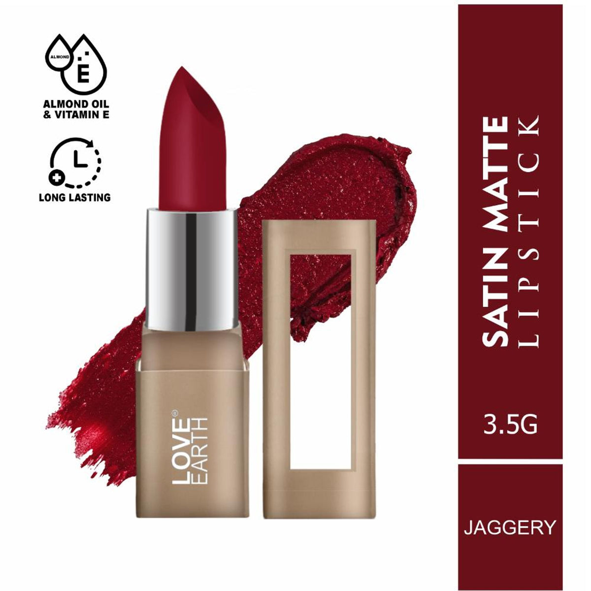 Love Earth Satin Matte Lipstick in Jaggery, showcasing the lipstick's smooth, matte finish and rich color in a close-up shot.