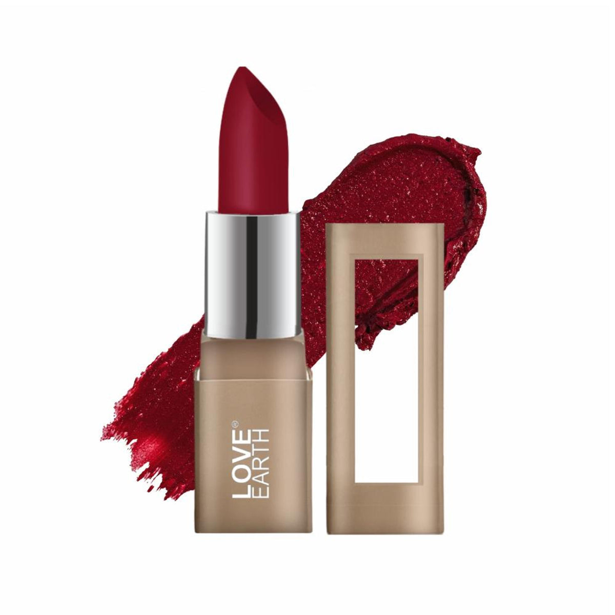 Love Earth Satin Matte Lipstick in Jaggery, showcasing its rich, smooth application with a deep, warm nude shade.
