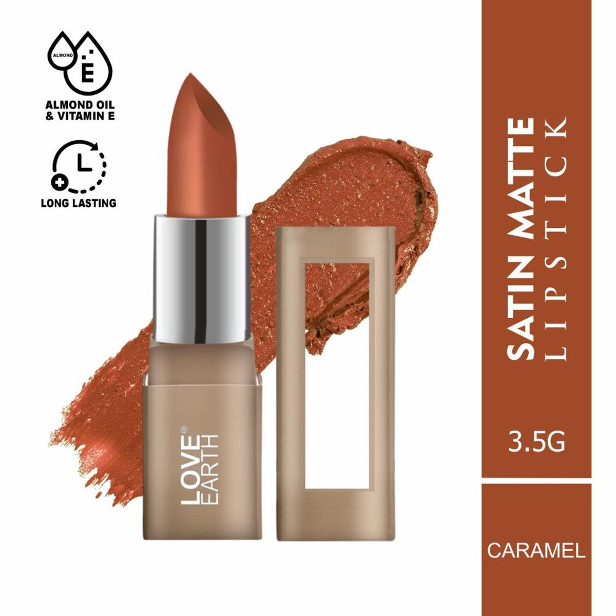 Love Earth Satin Matte Lipstick in Caramel shade, showing the smooth, creamy lipstick bullet in a warm caramel color.