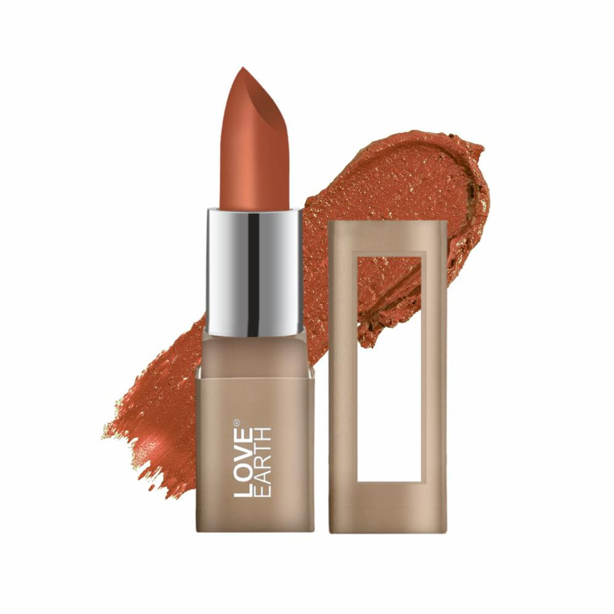 Love Earth Satin Matte Lipstick in Caramel shade, featuring smooth, creamy texture and rich, warm lip color.