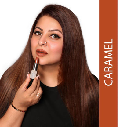 Love Earth satin matte lipstick in Caramel shade, showing the lipstick bullet and swatch on a neutral background.