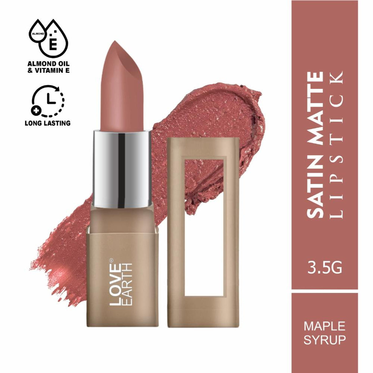 Love Earth satin matte lipstick in Maple Syrup shade, showing a smooth, creamy lipstick bullet in warm caramel color.