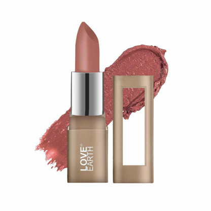Love Earth Satin Matte Lipstick in Maple Syrup, showing the sleek tube with the warm caramel lipstick shade.