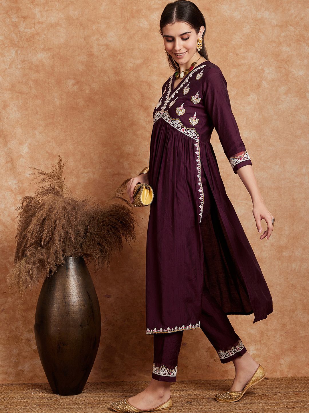 Indyancart SN Women's Alia Cut Ethnic Motifs Embroidered A-Line Kurta With Trouser