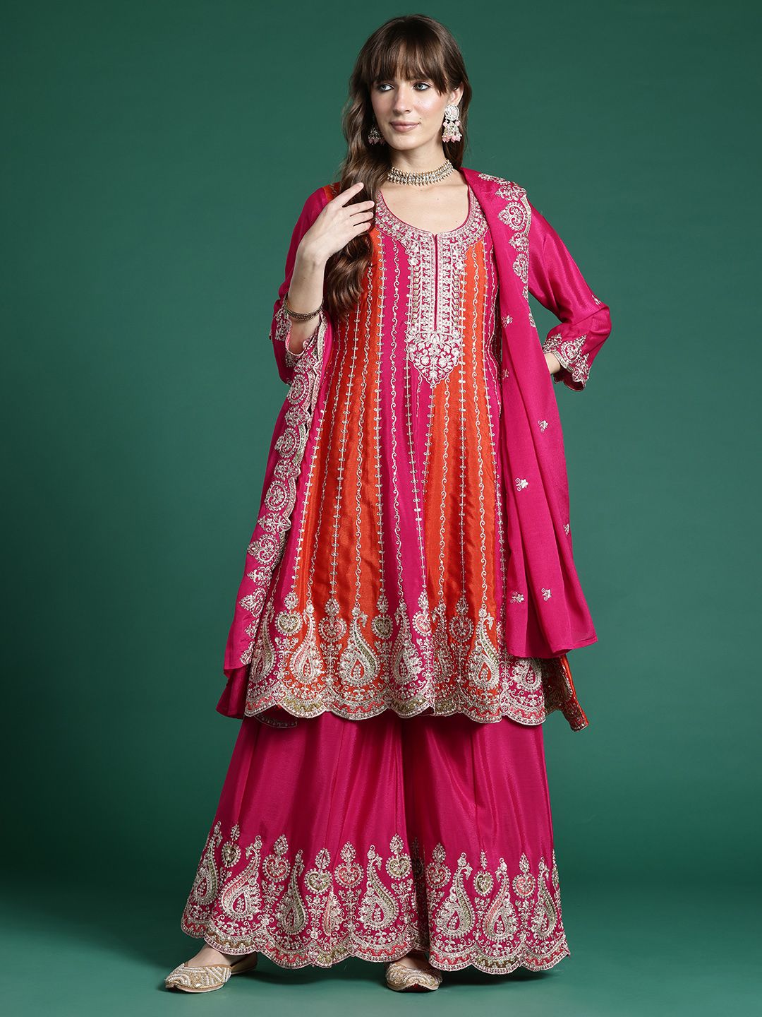 Ethnic Motifs Embroidered Regular Sequinned Kurta with Palazzos & Dupatta