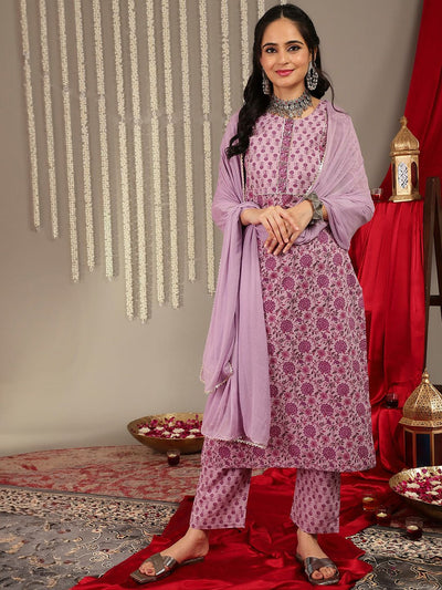 Indyancart VA Women'sFloral Printed Regular Gotta Patti Pure Cotton Kurta With Trousers & Dupatta
