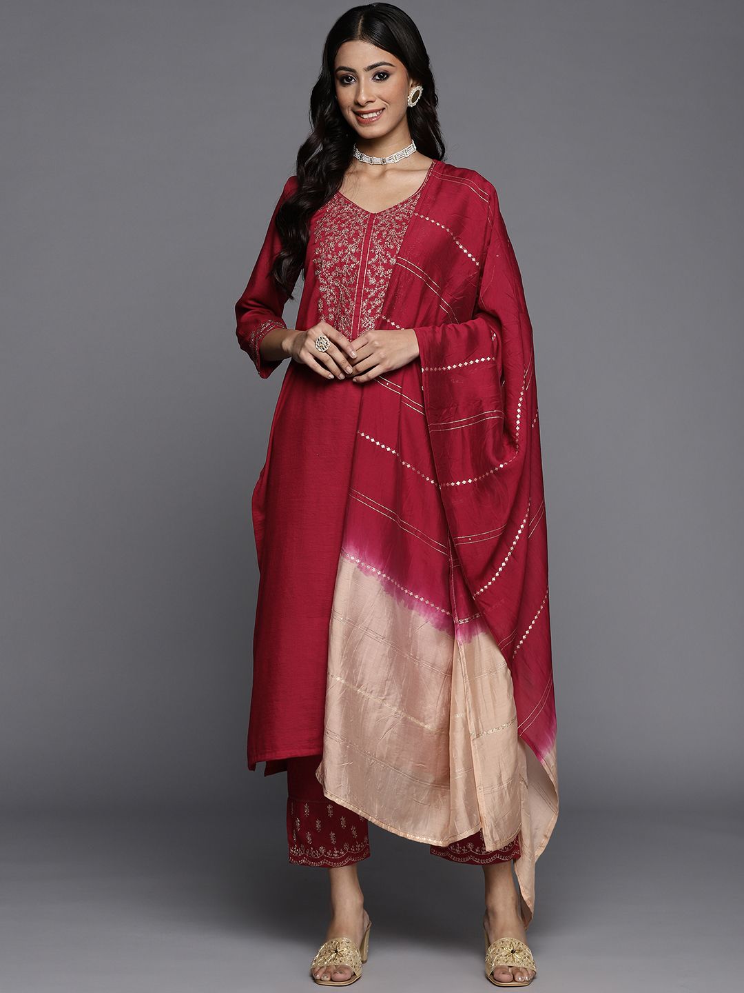 Dhiyona VA Women's Maroon Ethnic Motifs Yoke Design Sequinned Kurta with Trousers & Dupatta