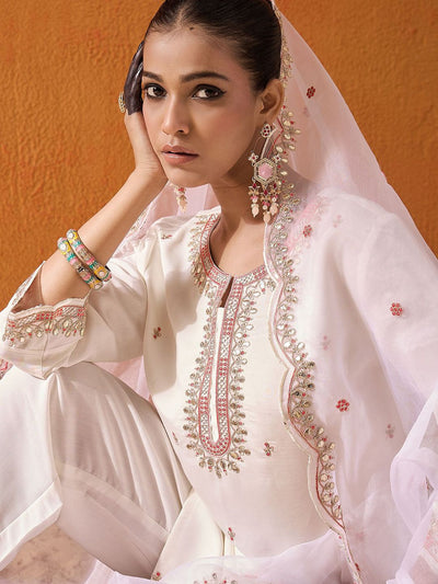 Dhiyona IE White and Pink Ethnic Motifs Embroidered Gotta Patti Kurta with Trouser & Dupatta