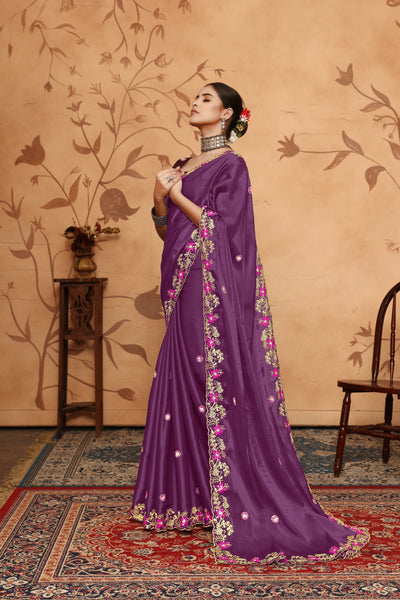 Indyancart GR Women's Armani Wine Jimmi Choo Embroidered Saree