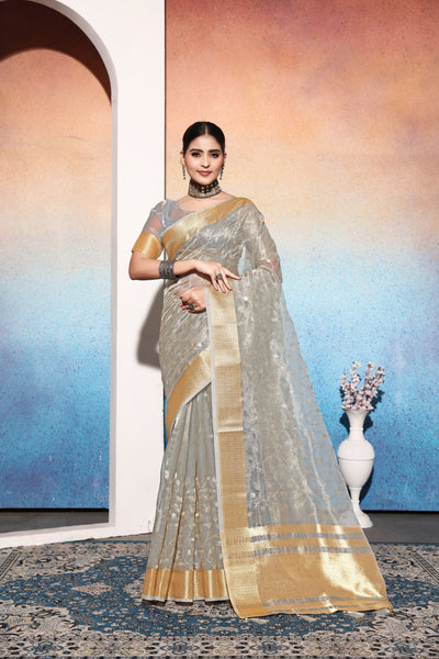 Indyancart GR Women's Amani Grey Tissue Cotton Silk Embroidered Saree
