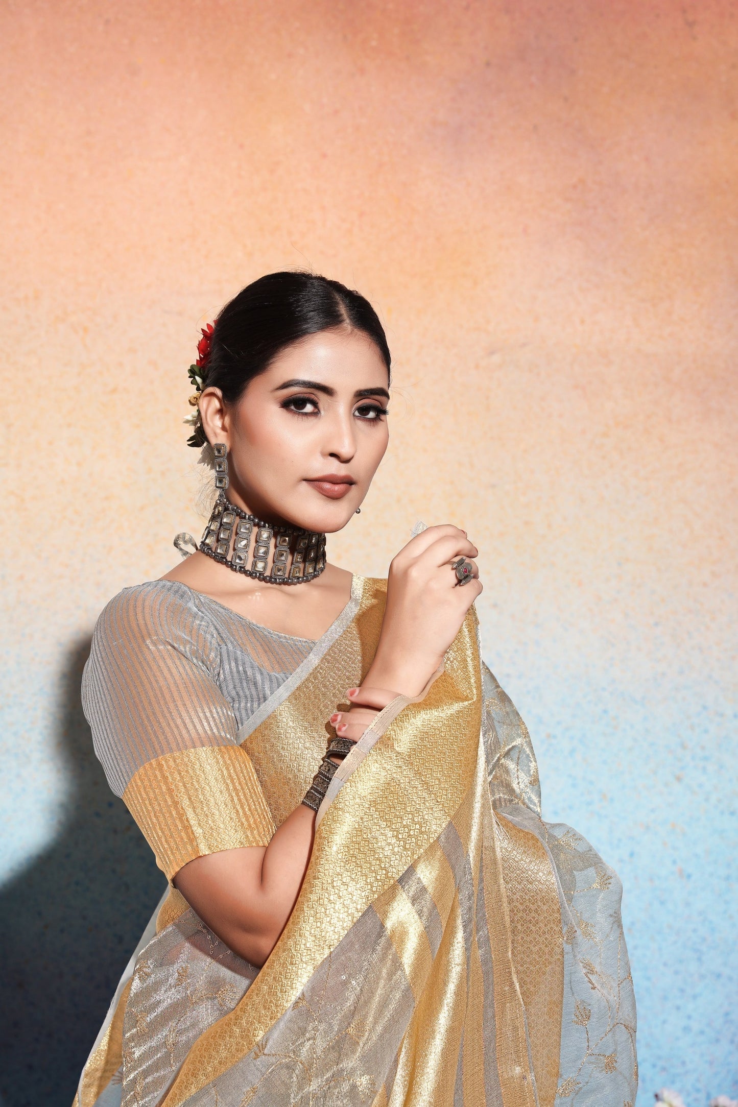 Dhiyona GR Women's Amani Grey Tissue Cotton Silk Embroidered Saree