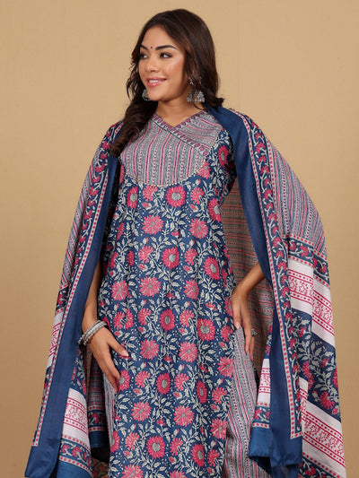 Indyancart VA Women'sFloral Printed V-Neck Gotta Patti Kurta With Trousers & Dupatta