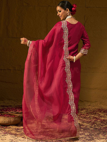 Indyancart IE Ethnic Motifs Embroidered Thread Work Liva Straight Kurta With Trousers & Dupatta