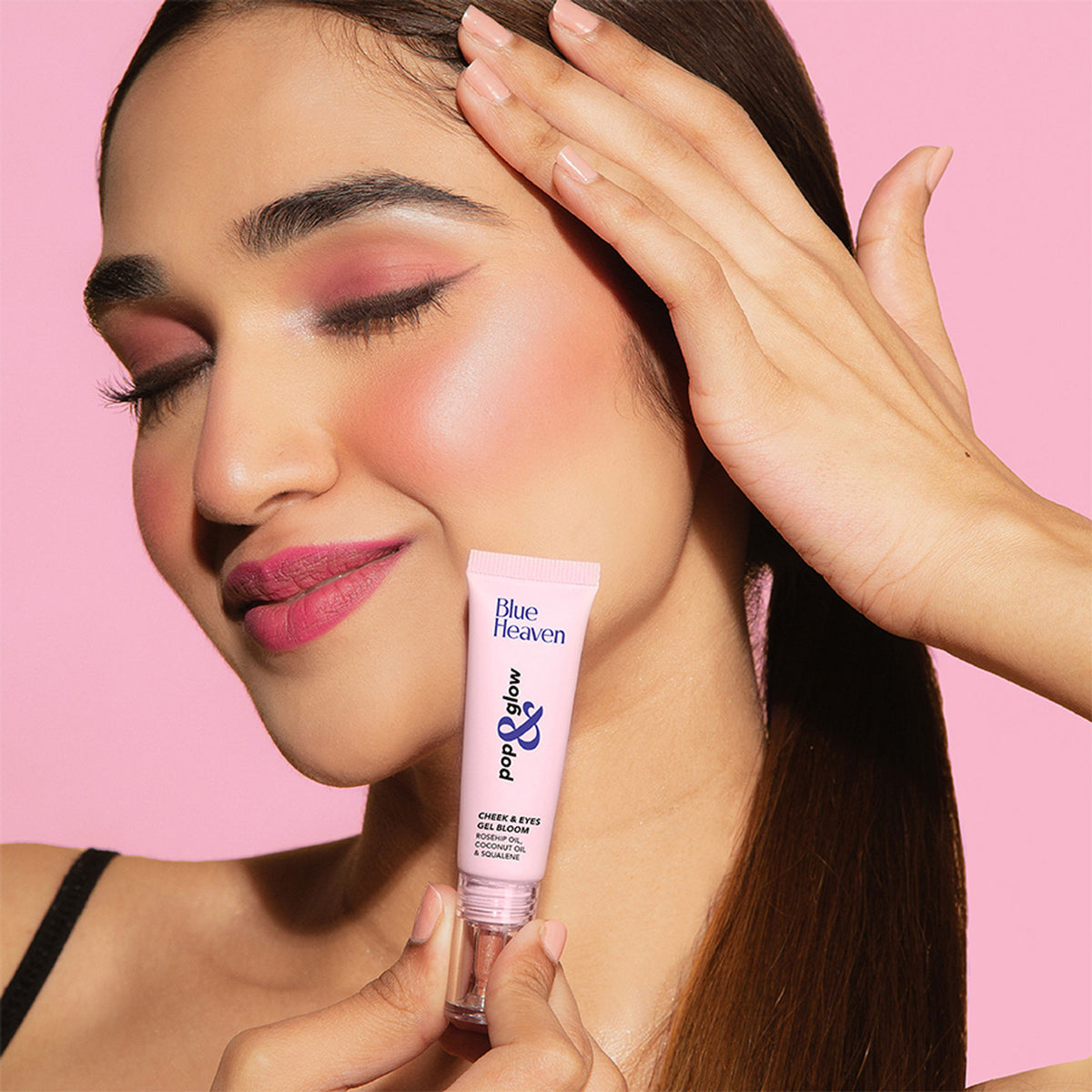 Blue Heaven Pop & Glow Blush in Subtle Nude, featuring a soft pink and peach shade in a compact blush palette.