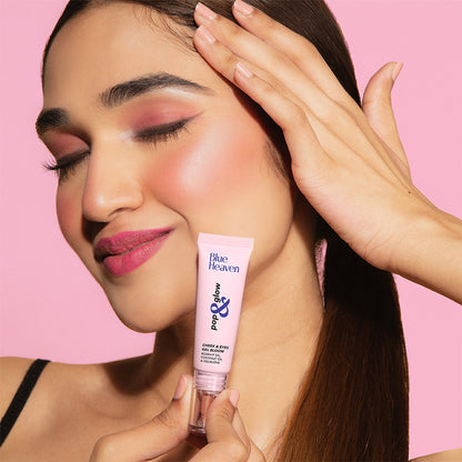 Blue Heaven Pop & Glow Blush in Subtle Nude, featuring a soft pink and peach shade in a compact blush palette.