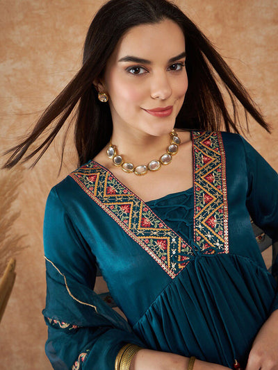 Indyancart SN Women's Embroidered Empire Velvet Kurta With Trousers & Dupatta