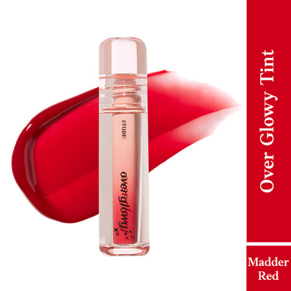 ETUDE Over Glowy Tint in Madder Red, showcasing the vibrant lip tint with a glossy finish and smooth application.