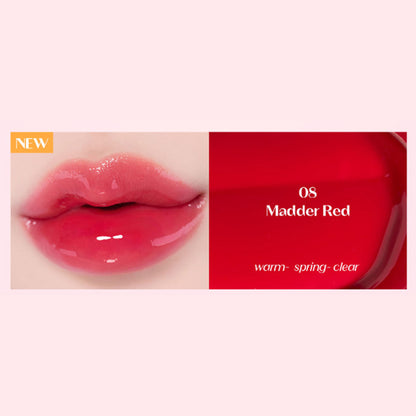 ETUDE Over Glowy Tint in Madder Red, a vibrant lip tint with a glossy finish, shown on the product applicator and tube.
