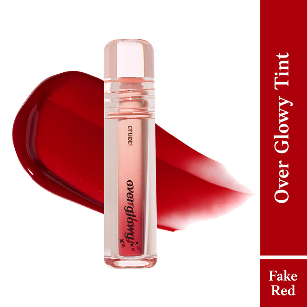 ETUDE Over Glowy Tint in Fake Red, a vibrant red lip tint with a glossy finish, shown on a model's lips.