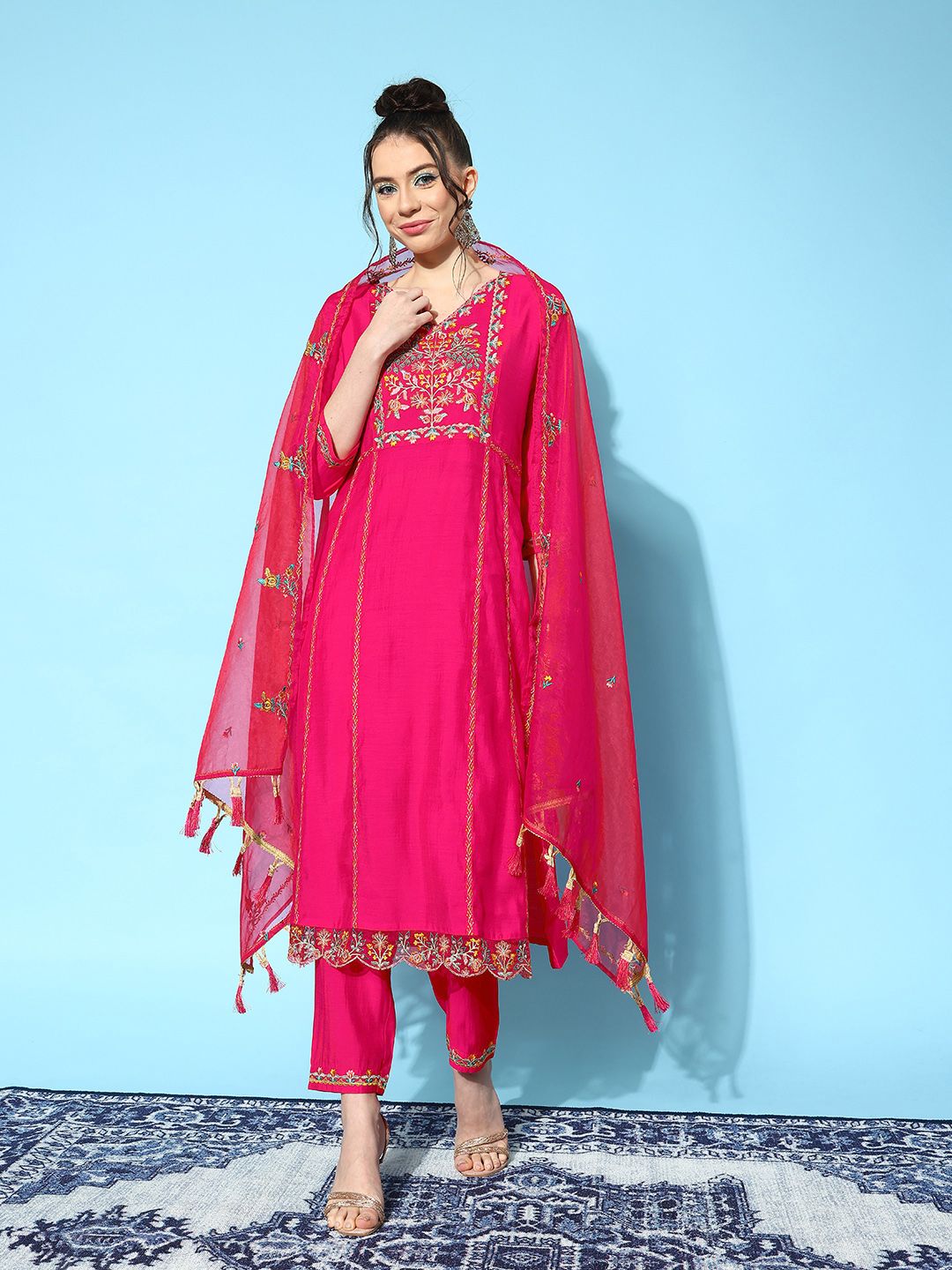 Indyancart SN Women's Floral Yoke Design Regular Kurta with Trousers & With Dupatta