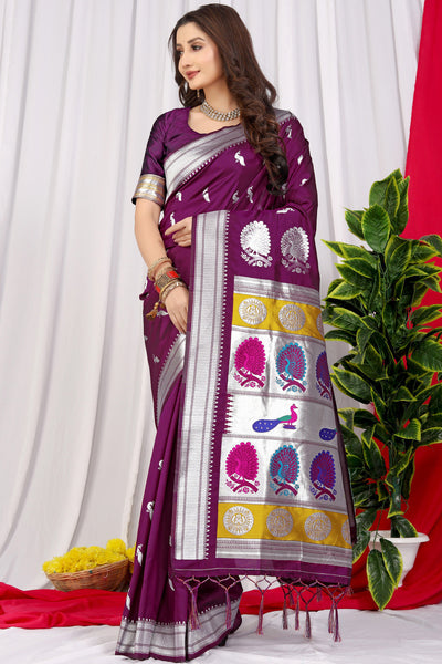 Indyancart GR Women's Chandramukhi Wine Zari Paithani Silk Saree