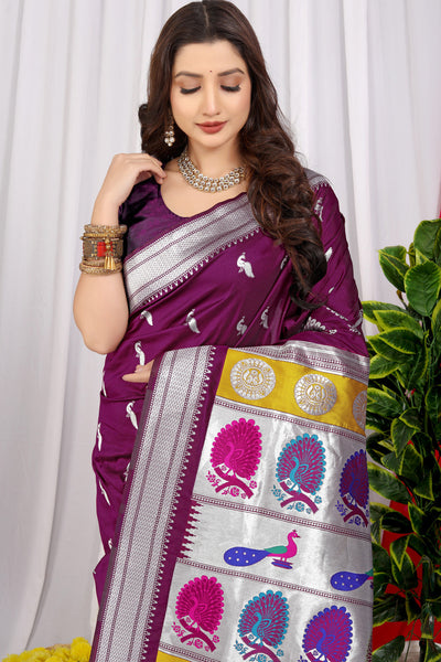 Indyancart GR Women's Chandramukhi Wine Zari Paithani Silk Saree