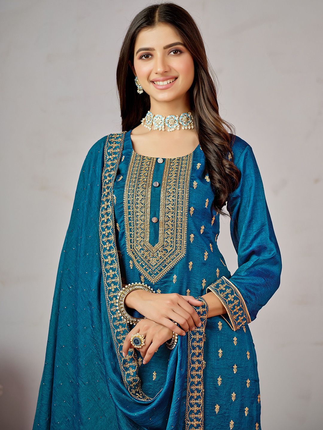 Indyancart SN Women's Blue Ethnic Motifs Embroidered Kurta with Churidar & Dupatta