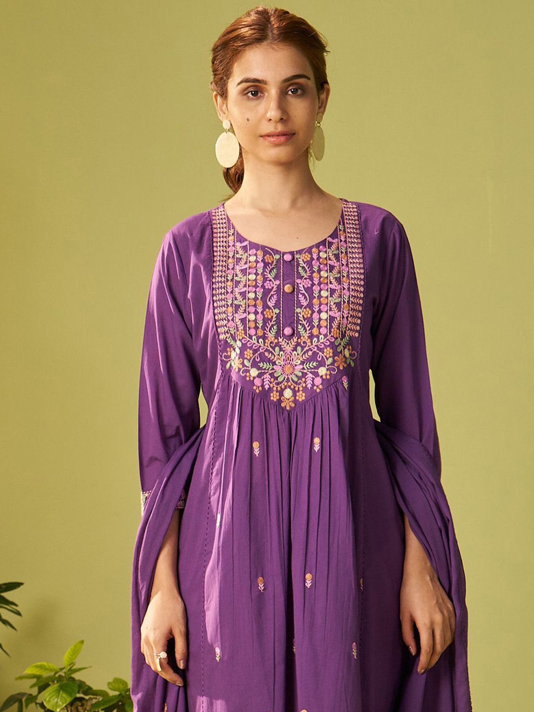 Women Floral Embroidered Cotton Kurta with Trousers & Dupatta