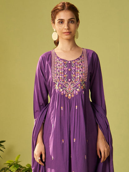 Women Floral Embroidered Cotton Kurta with Trousers & Dupatta