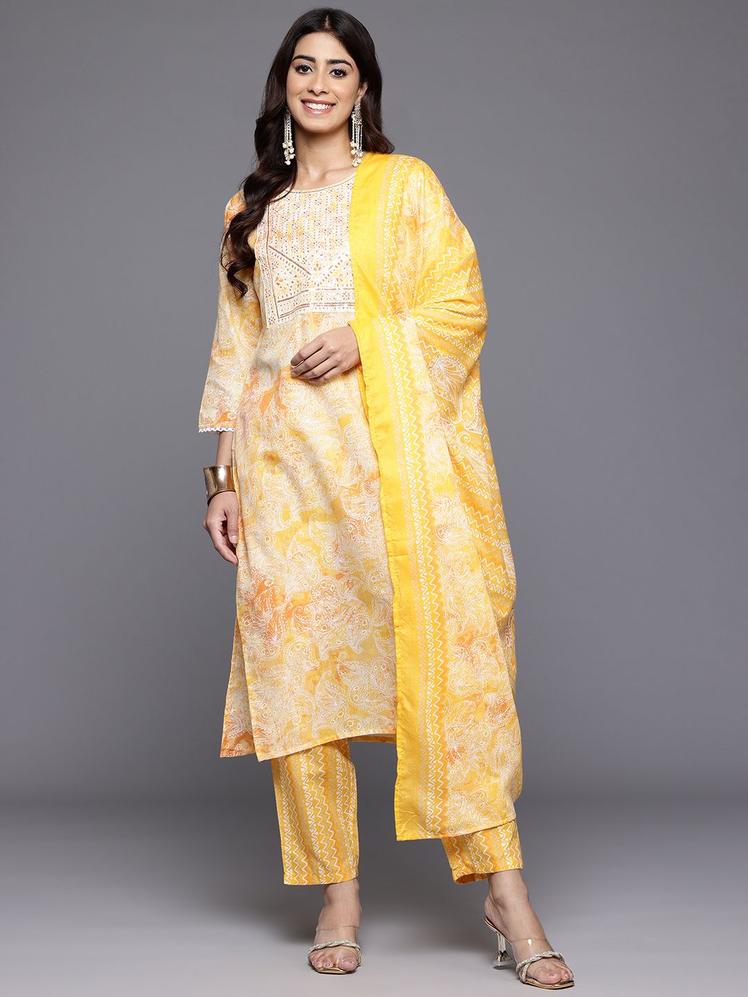 Indyancart VA Women'sPaisley Printed Sequinned Kurta With Trousers & Dupatta