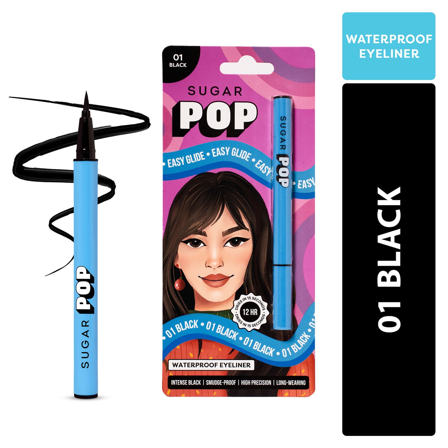 SUGAR POP Waterproof Eyeliner Pencil - Intense Black Pigment, Sweatproof Waterproof Matte 01 Black