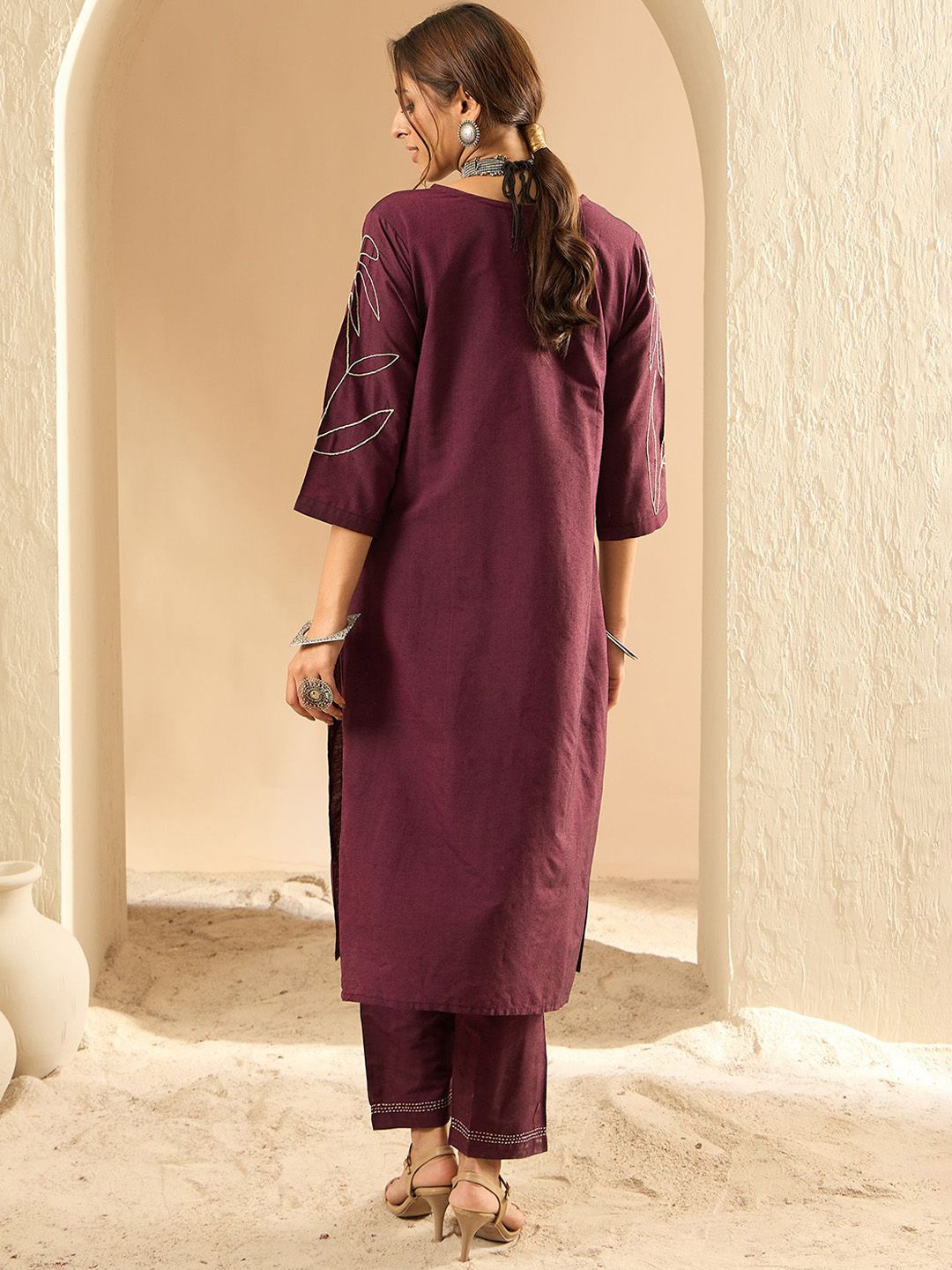 Dhiyona IE Embroidered Three-Quarter Sleeves Pure Cotton Tunic & Trouser