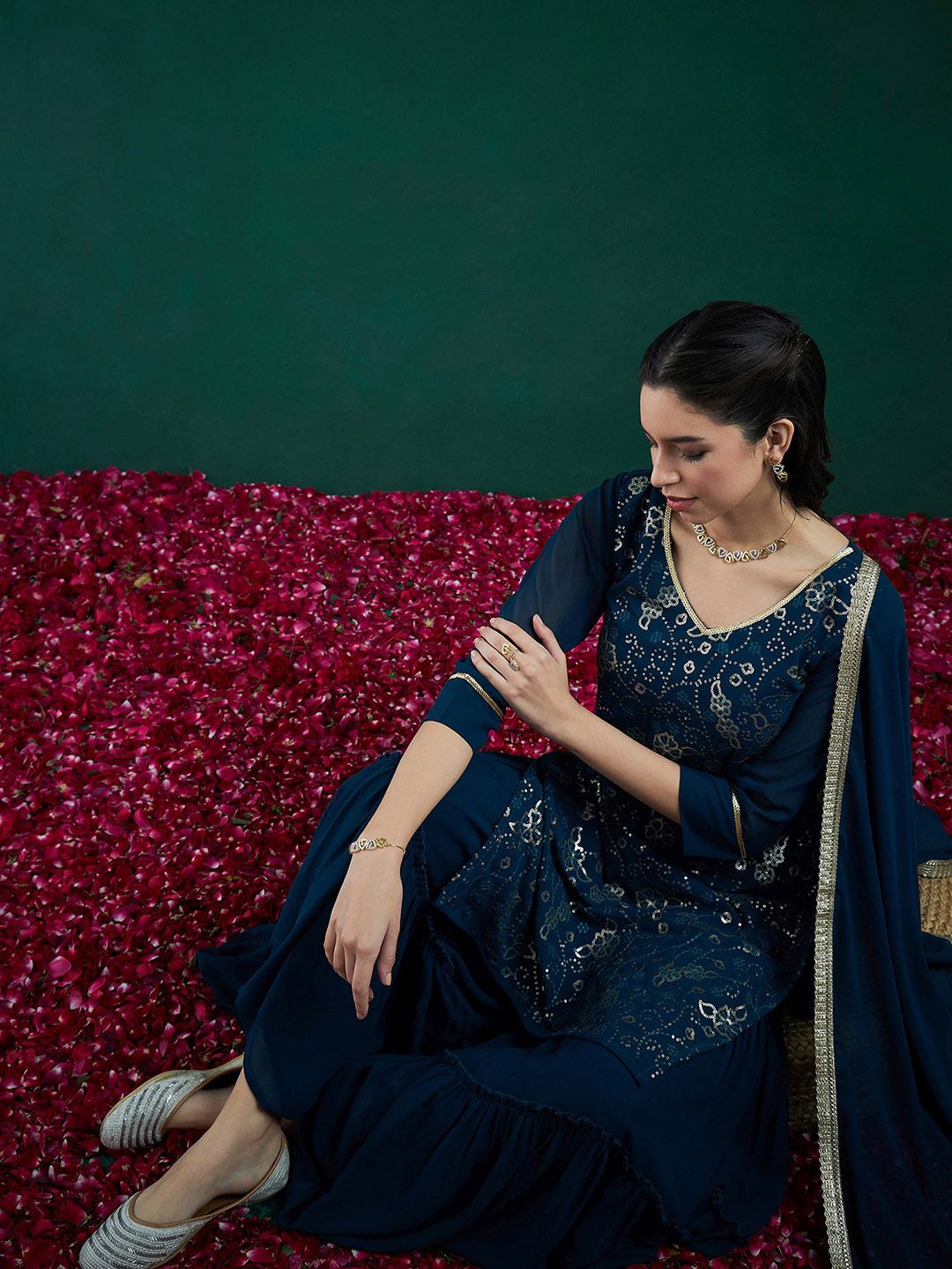 Indyancart IE Floral Embroidered Regular Sequinned Kurta With Sharara & Dupatta